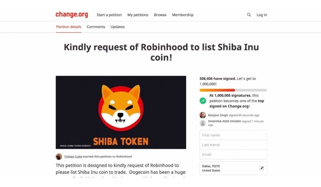 Petition To List Shiba Inu On Robinhood Hits 500,000 Signatures As Trading Platform Taunts SHIB Holders