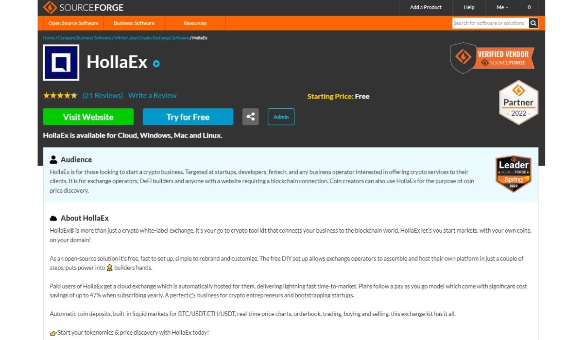 Sourceforge Declared Hollaex The 2022 Market Leader In White Label Exchange Software